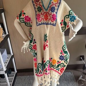 Embroidered Cream Sweater Poncho